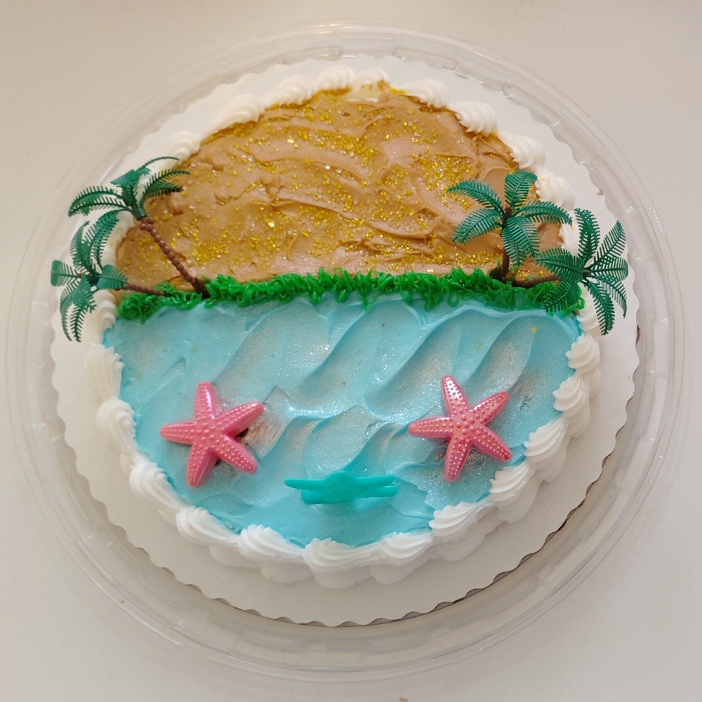 🆕Beach Theme Cake Topper Set with🩷Pink Starfishs &🌴Palm Trees, plus Carrier.